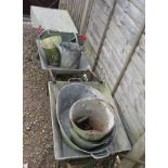 2 wheel barrows, tin bath, watering cans etc