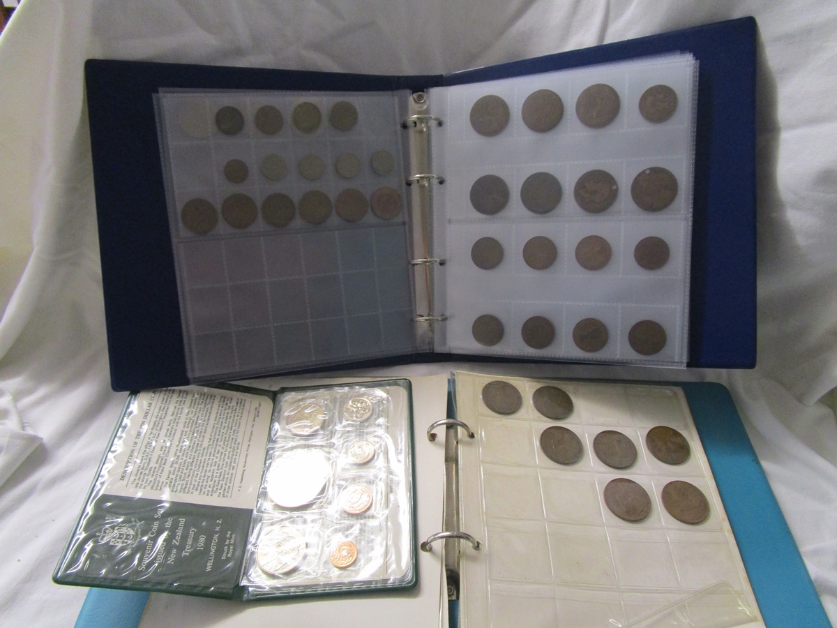 2 coin folders to include old pennies etc & New Zealand commemorative pack