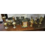 Shelf of brass, pewter etc