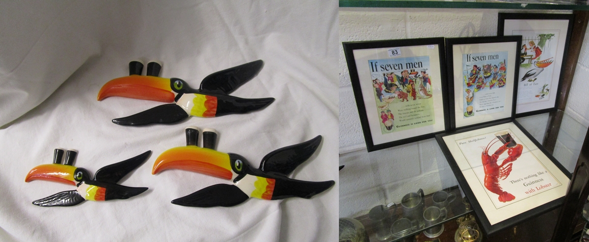 Set of 3 graduated Carlton Ware Guinness toucans & 4 Guinness prints