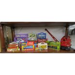 Shelf of diecast cars etc and to include Tri-Ang tin plate crane