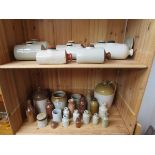 2 shelves of stoneware warming bottles, pots etc