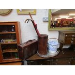 Leather suitcase, leather stick stand, wash bucket and plated tray