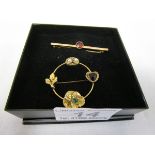 Gold stone set tie pin & costume brooch