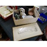 Box of collectables to include Staffordshire dog & a caricature picture of Bill