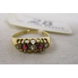Antique 18ct 5 stone ruby & diamond ring