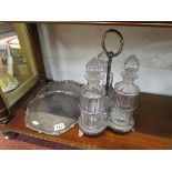 3 bottle decanter set & 2 silver plated trays