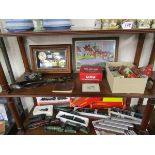 Shelf of collectables to include diecast cars & Harley Davidson clock etc