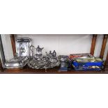 Shelf of silver plate, carving set etc - to include 10 silver teaspoons & 1 sugar nips (177g)