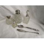 Silver topped scent bottles, fish knife etc