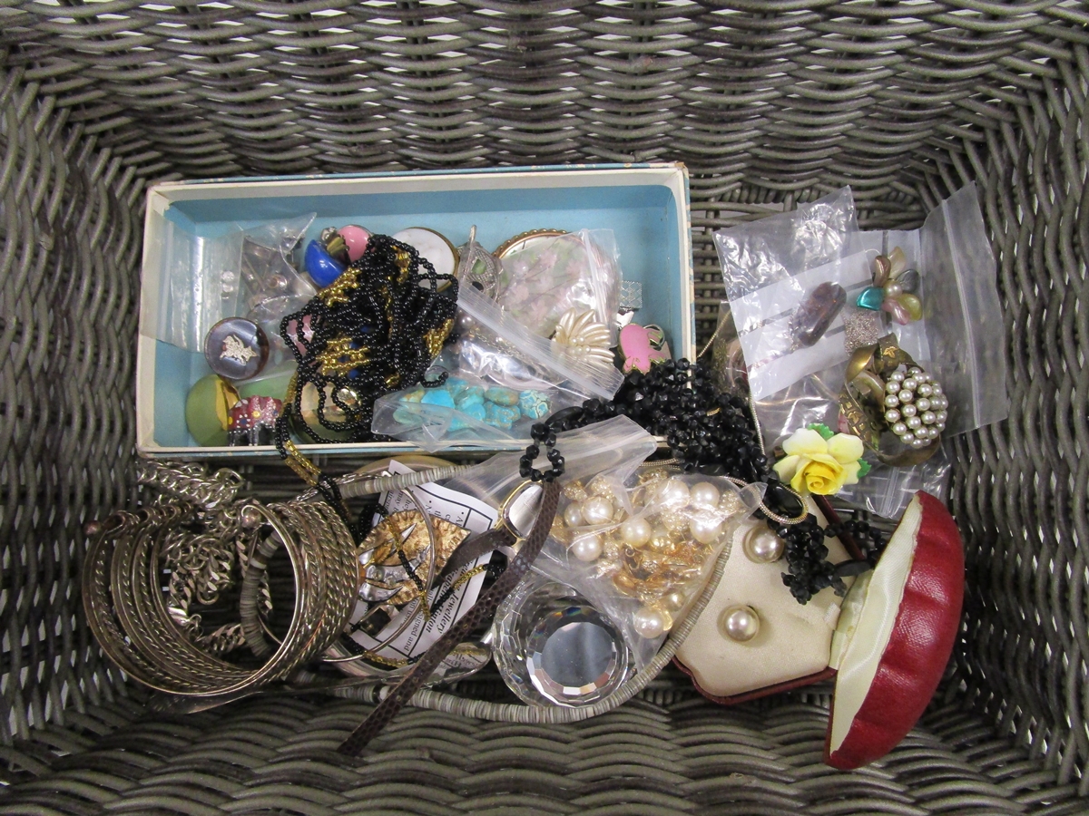 Basket of costume jewellery to include some silver