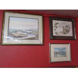 2 watercolours, Coastal scenes & print