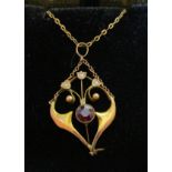 Antique gold garnet & pearl pendant on chain