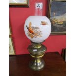 Brass oil lamp with pheasant themed shade