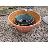 Terracotta planter & 3 metalware buckets