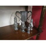 Large pewter chalice and 4 shakers