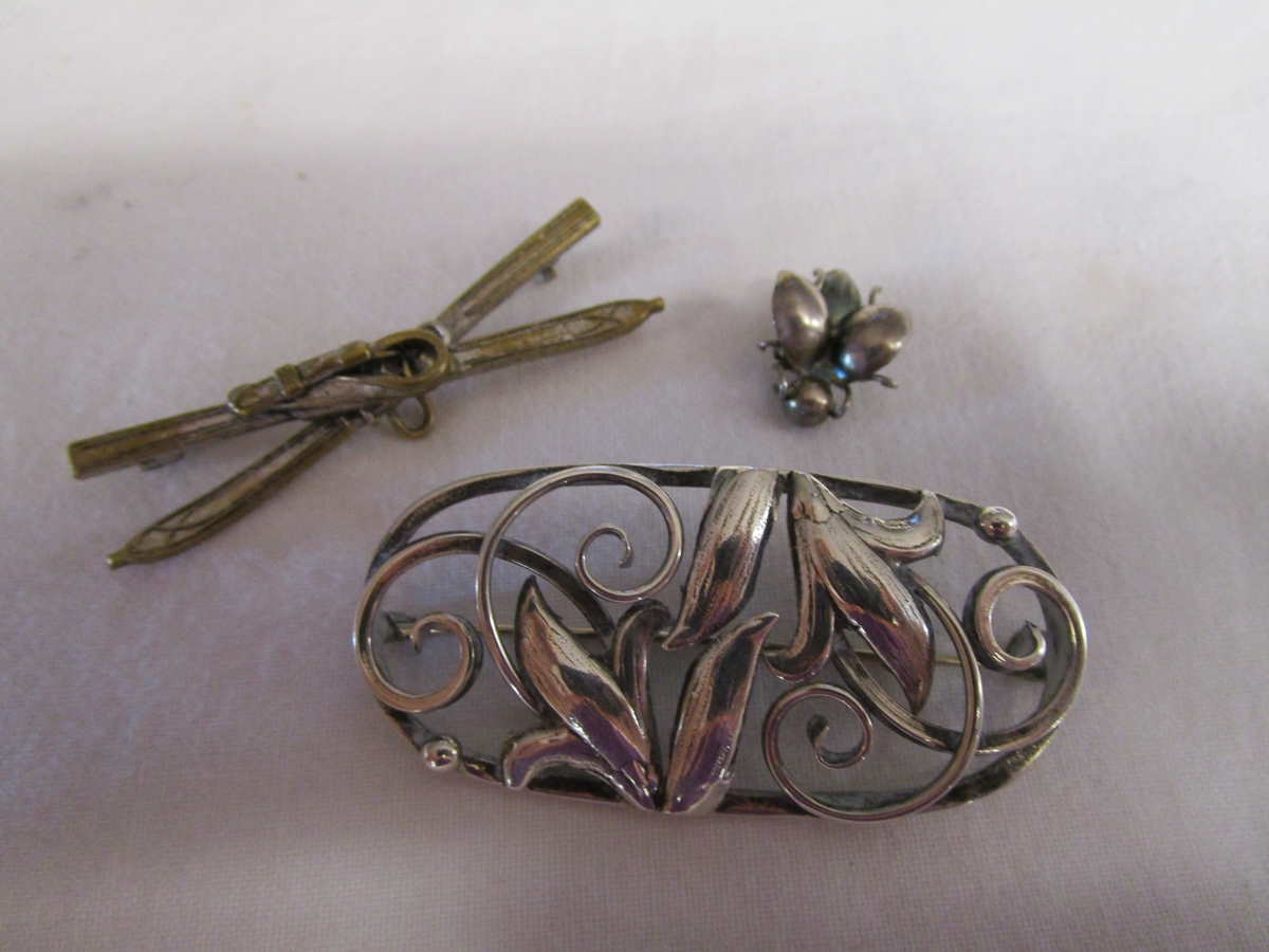 Danish mid century silver brooch by C. A. Christiansen together with a 1930s bug brooch and a