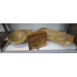 2 treen bowls & wall shelf