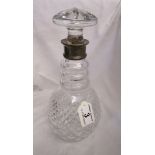 Cut glass tear drop decanter with silver collar
