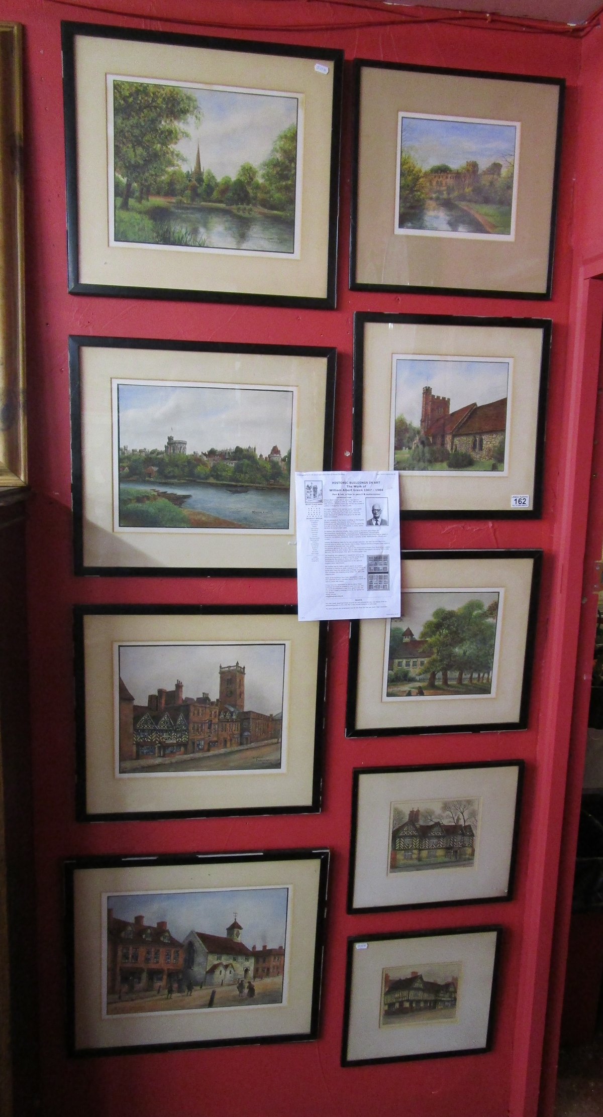 9 watercolours - Historic buildings by William Albert Green - 1907 to 1984 (Further info with lot)