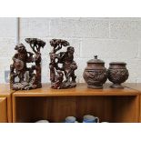Pair of Oriental carved treen figures & 2 carved pots
