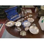 Collection of silver plate etc to include barley-twist candlesticks