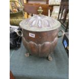 Lidded copper coal drum on feet