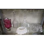 Shelf of china & glass to include Shelley jelly mould, Russian glass vase, decanters etc