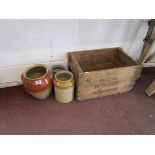 3 stoneware pots and wooden box