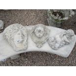 Small stone Baccus cherub, lady & cherub wall plaques