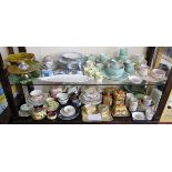 Large collection of china over 2 shelves to include Masons, Royal Worcester etc