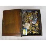 Antique mahogany box and contents - Costume jewellery
