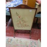 Mahogany inlaid & embroidered fire screen