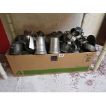 Large box of pewter tankards etc