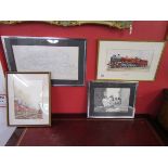 2 Watercolours by W F Nash RBSA and 2 train prints