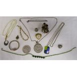 Small box of collectables & costume jewellery to include silver coin mount etc