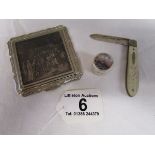 Decorative ladies compact, silver fruit knife & silver pill box