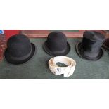 Top hat, 2 bowlers & collars