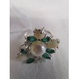 18ct white gold opal, pearl and emerald cocktail ring