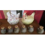 2 chicken themed ceramic egg baskets and spice jars