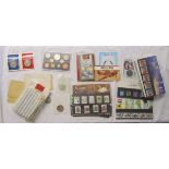 Stamps - Box of mint presentation packs (many decimal), commemorative coins & FDC's