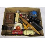 Box of collectables to include hip flasks