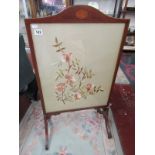 Mahogany inlaid & embroidered fire screen