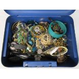 Large tin of costume jewellery to include watches