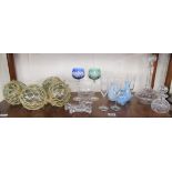 Shelf of glass to include pair of Bohemian glasses, glass buoys, Caithness etc