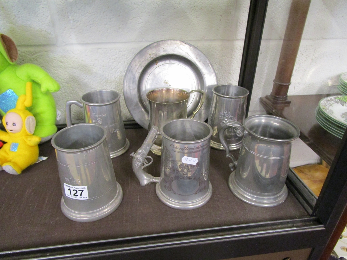 Collection of pewter tankards and plate