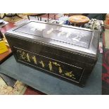 Lacquered Oriental camphor wood chest inlaid with mother-of-pearl