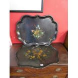 2 large lacquered trays - 1 inlaid with mother of pearl