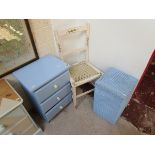 Painted bedside chest of drawers, bedroom chair and laundry basket