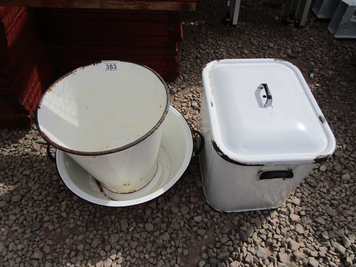 Enamel bucket, bowl and bread bin